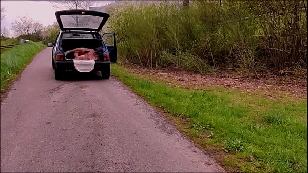 naked pathetic slave exposed outdoor in penis cage, cucumber fuck, public hiking, BDSM CBT